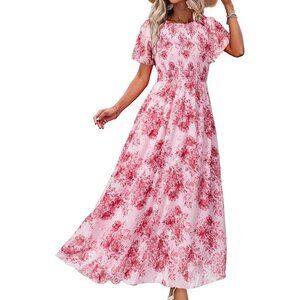 Women's Pink 3 Chiffon Flowy Flutter Short Sleeve Crew Neck Summer Maxi
